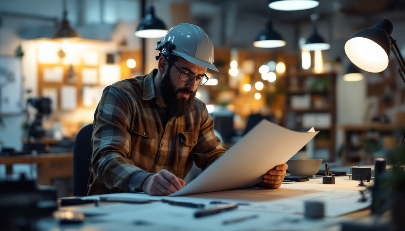 A photograph of a skilled electrical engineer reviewing blueprints and specifications for a lighting project