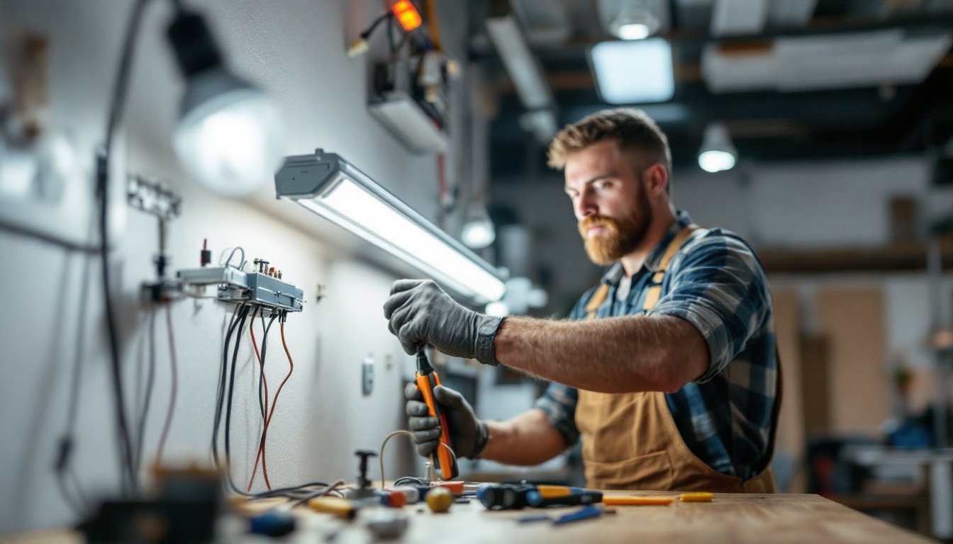 A photograph of a skilled electrician or diy enthusiast carefully replacing a fluorescent ballast in a well-lit workspace