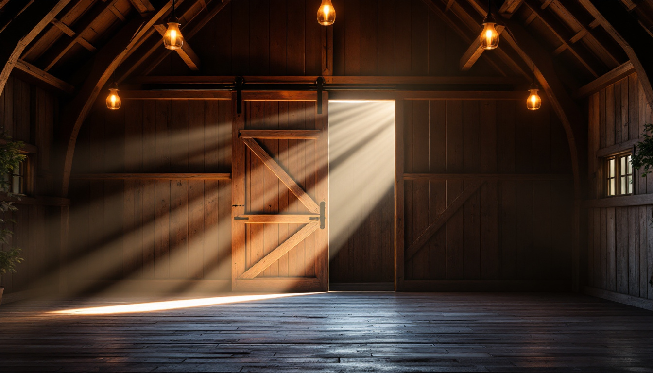 A photograph of a beautifully lit barn interior featuring a rustic barn door