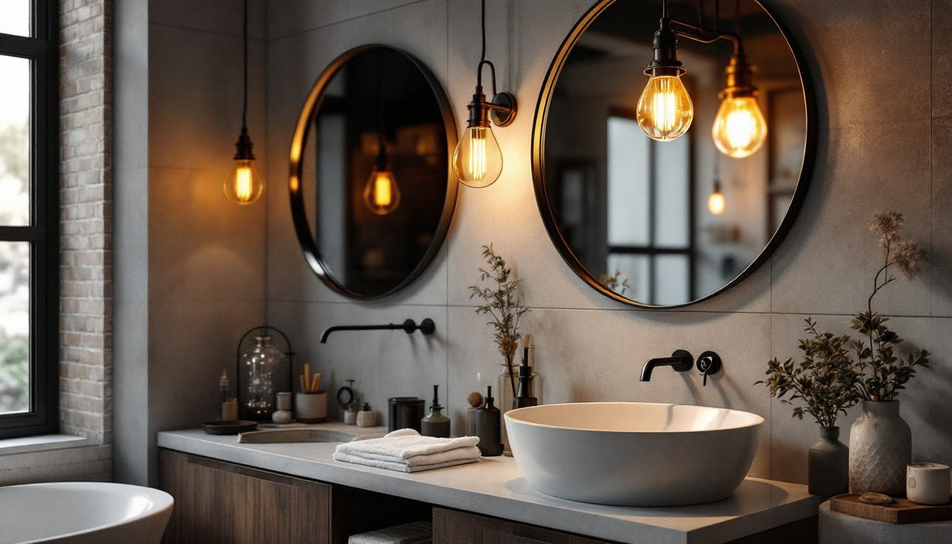 A photograph of a stylish industrial vanity lighting setup in a modern bathroom