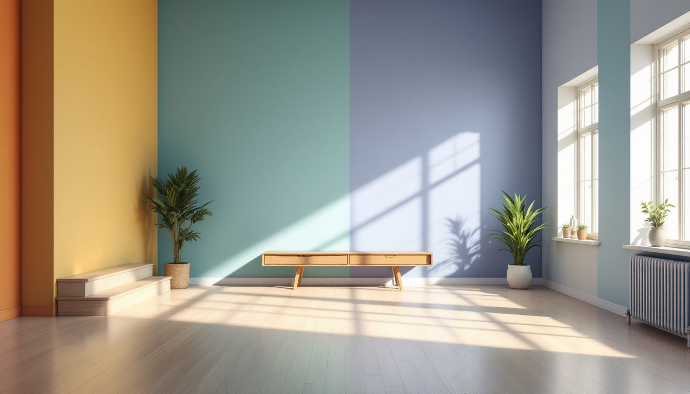 A photograph of a well-lit interior space showcasing various paint colors on the walls