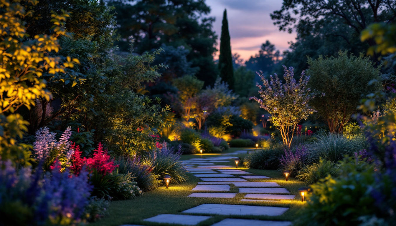 A photograph of a beautifully illuminated garden at dusk