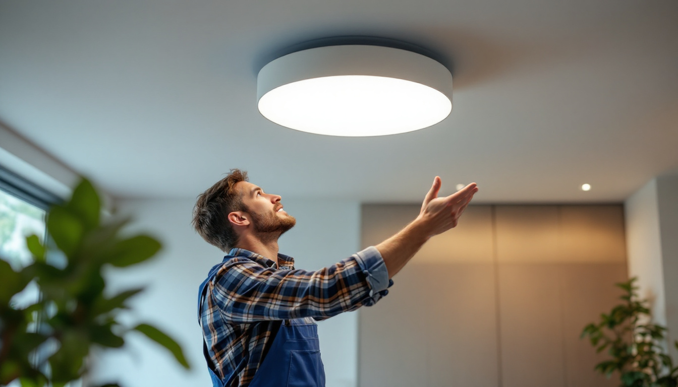A photograph of a large flush mount light fixture installed in a modern interior setting