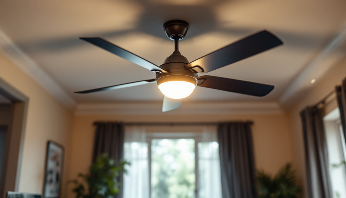 A photograph of a well-lit indoor space featuring a stylish ceiling fan in action