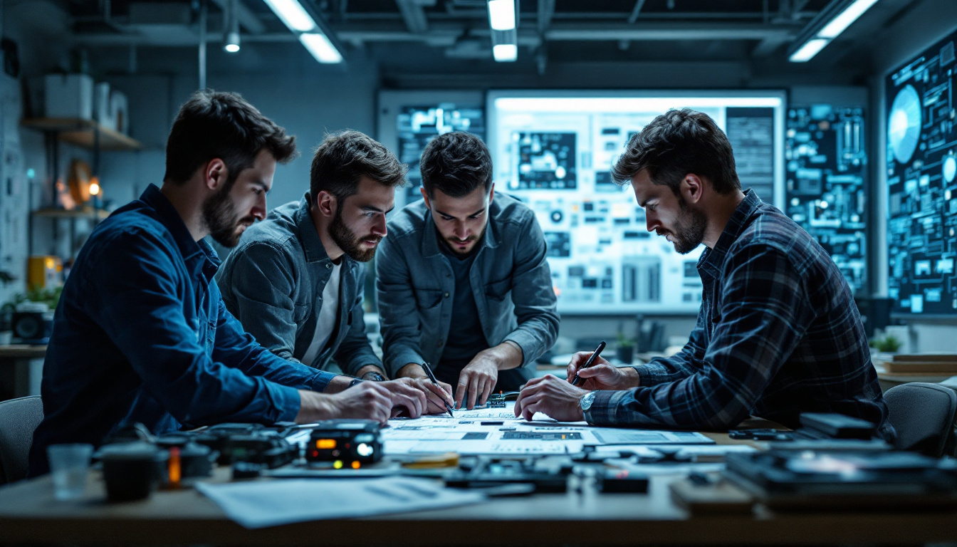 A photograph of a team of electrical engineers collaborating around a high-tech workspace
