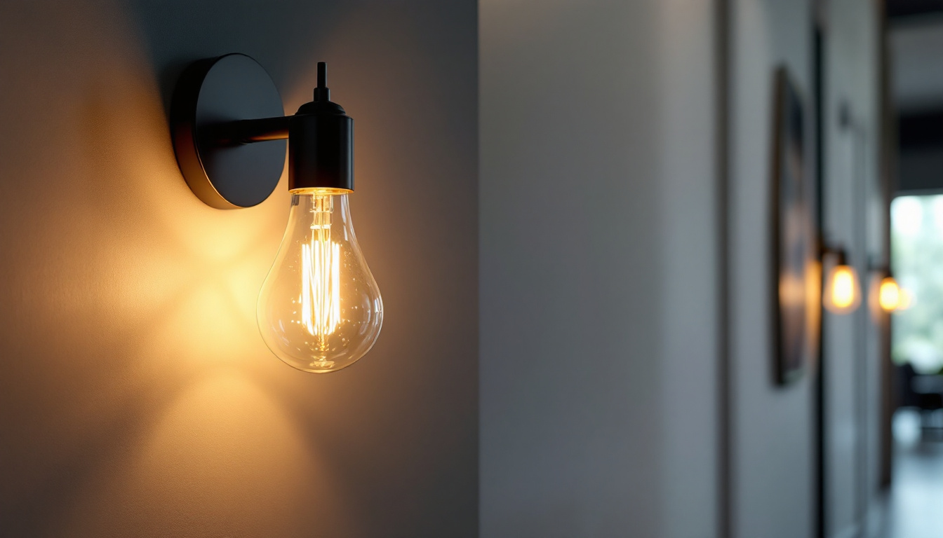 A photograph of a stylish wall sconce lamp elegantly illuminated in a modern interior setting