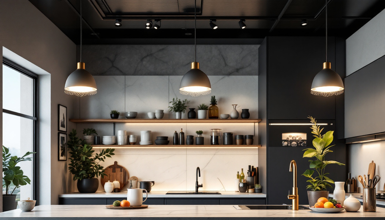 A photograph of a modern kitchen featuring stylish ceiling light fixtures that highlight the space's functionality and aesthetic
