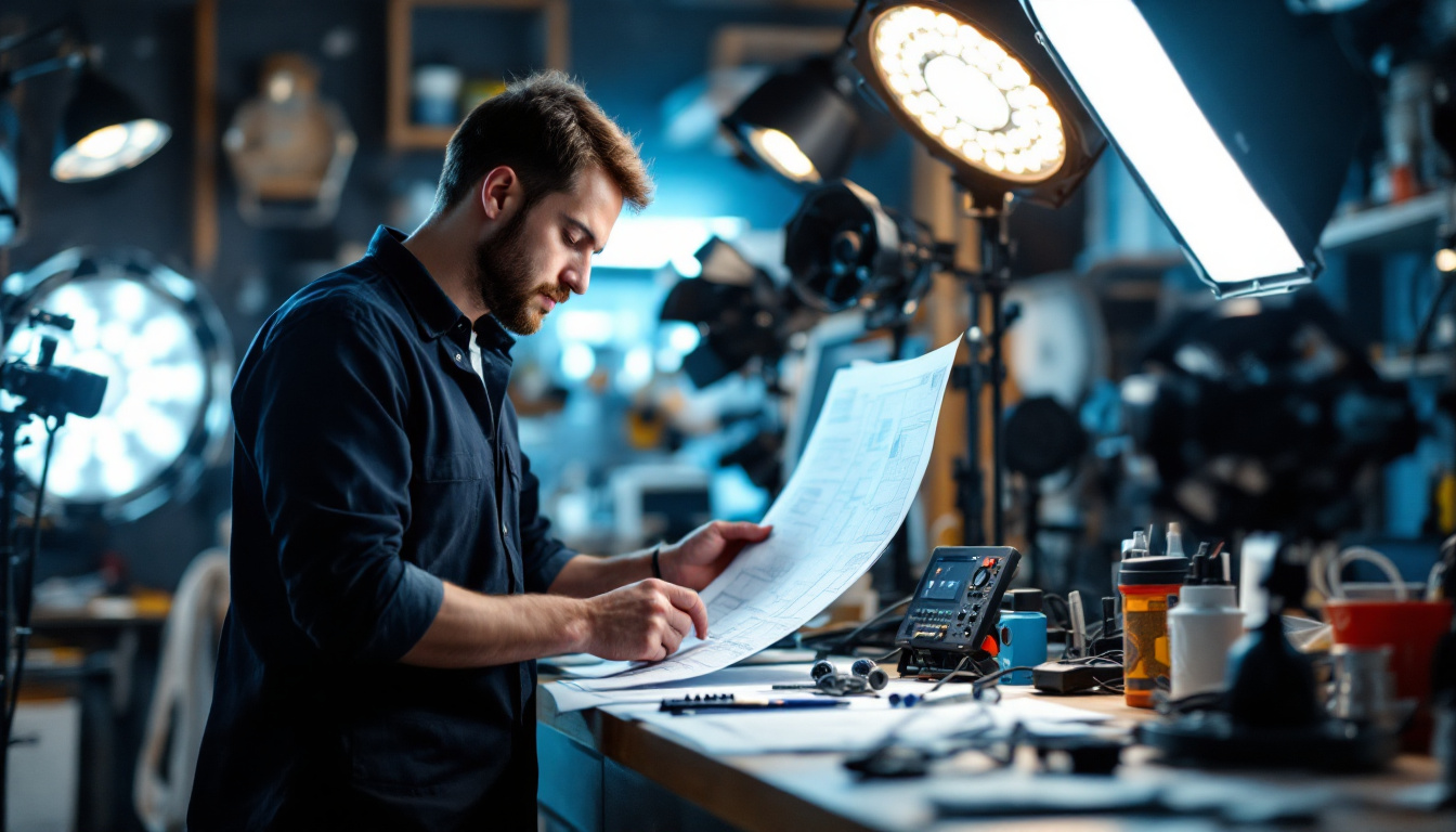 A photograph of a lighting engineer in a well-lit workspace