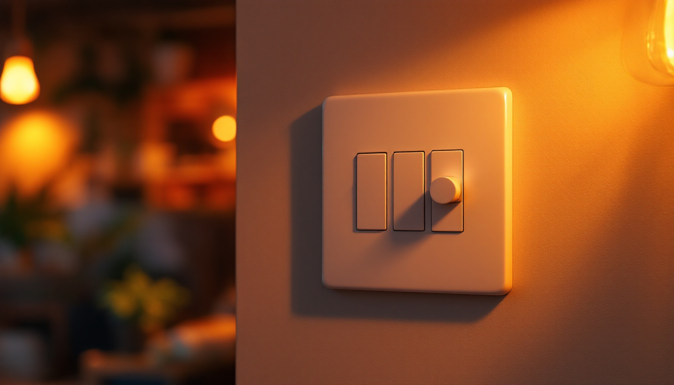 A photograph of a three-pole light switch in an aesthetically pleasing home setting