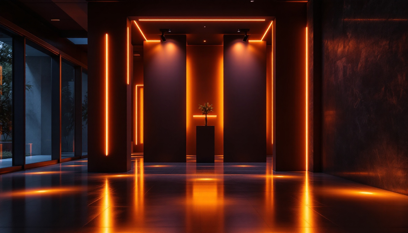 A photograph of a modern interior space illuminated by warm amber led lights