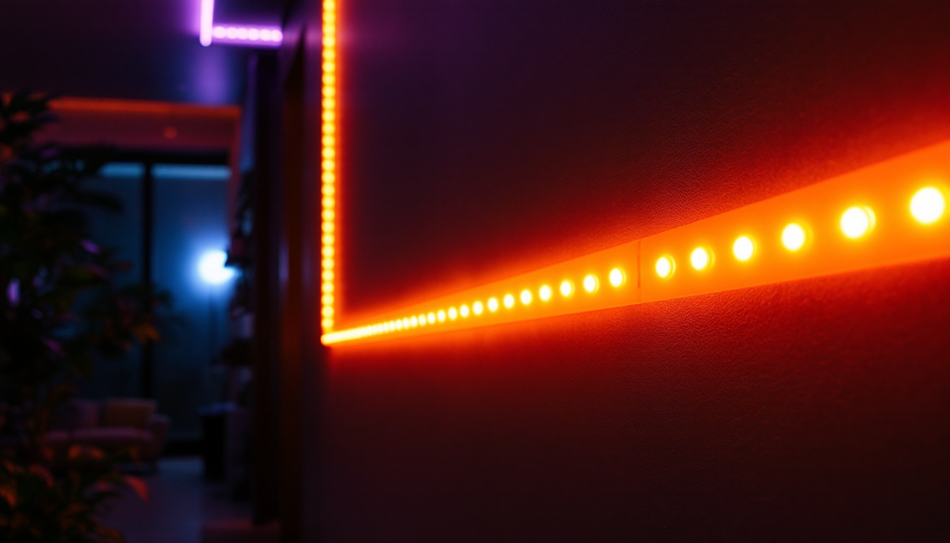 A photograph of a vibrant strip led installation in a modern setting