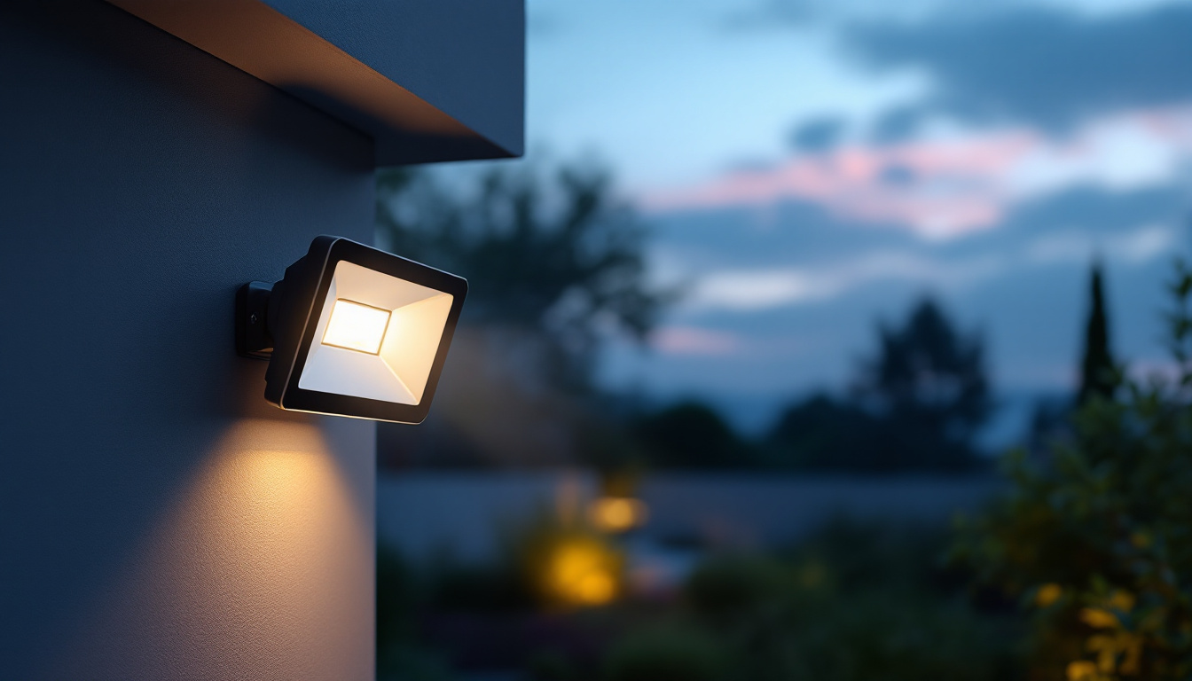 A photograph of a sleek floodlight with a motion sensor mounted on a building or outdoor structure