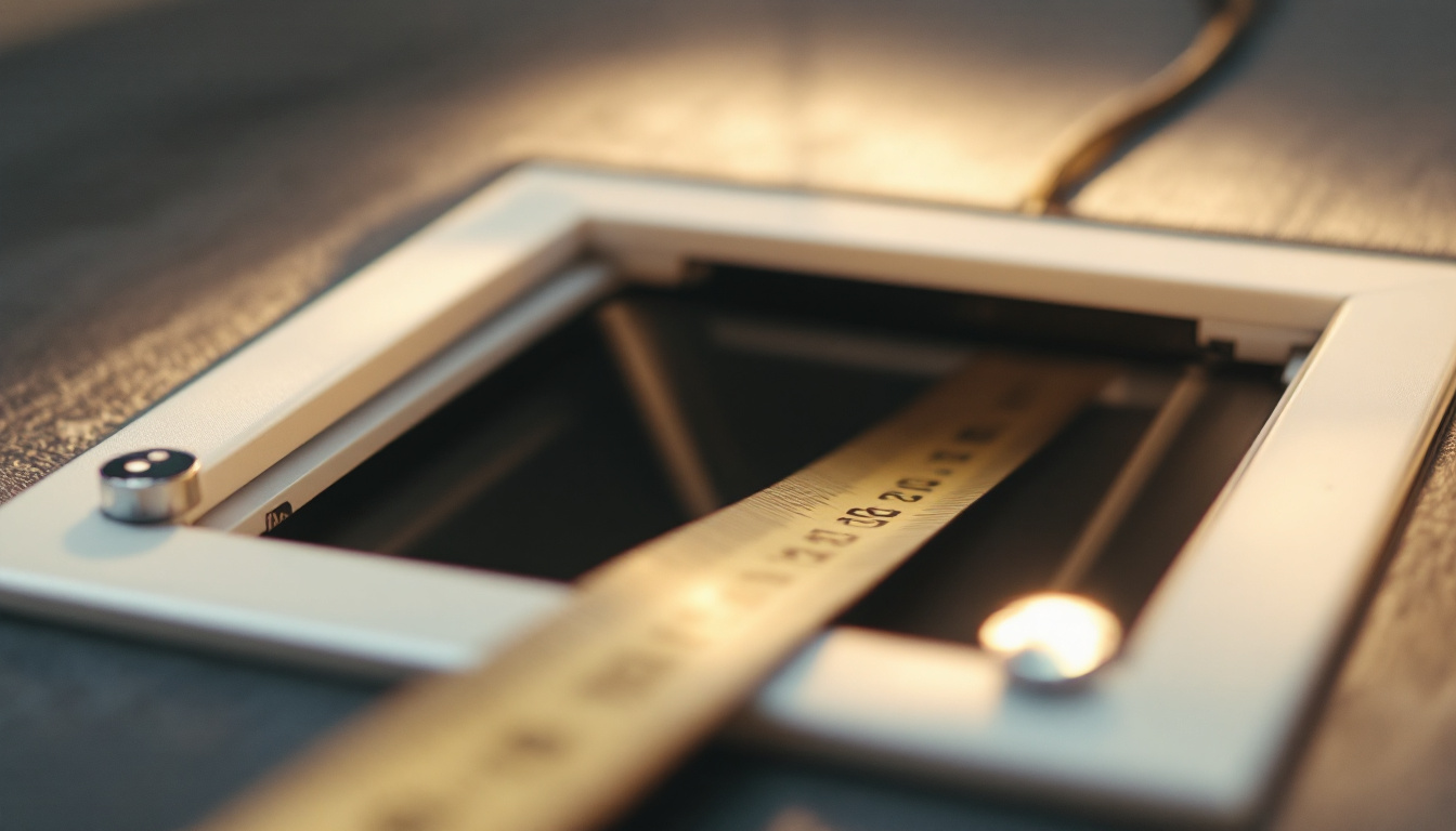 A photograph of a close-up view of square recessed lighting covers being measured with a tape measure