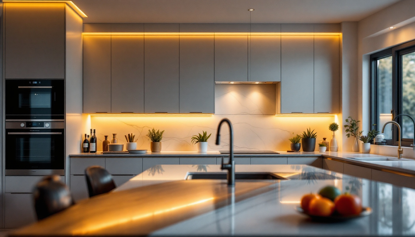 A photograph of a stylish kitchen featuring elegant under-cabinet lighting that highlights the countertops and creates a warm