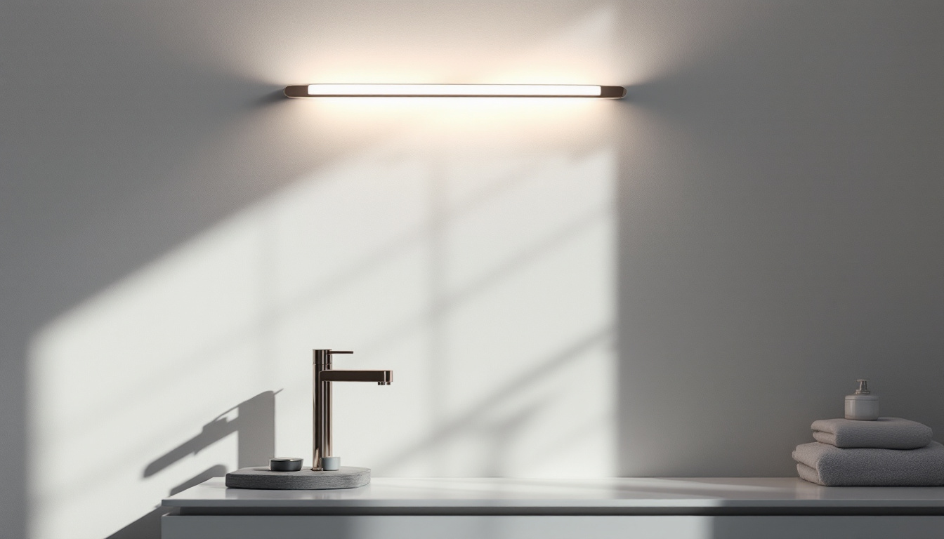 A photograph of a sleek and modern offset vanity light installed in a stylish bathroom setting