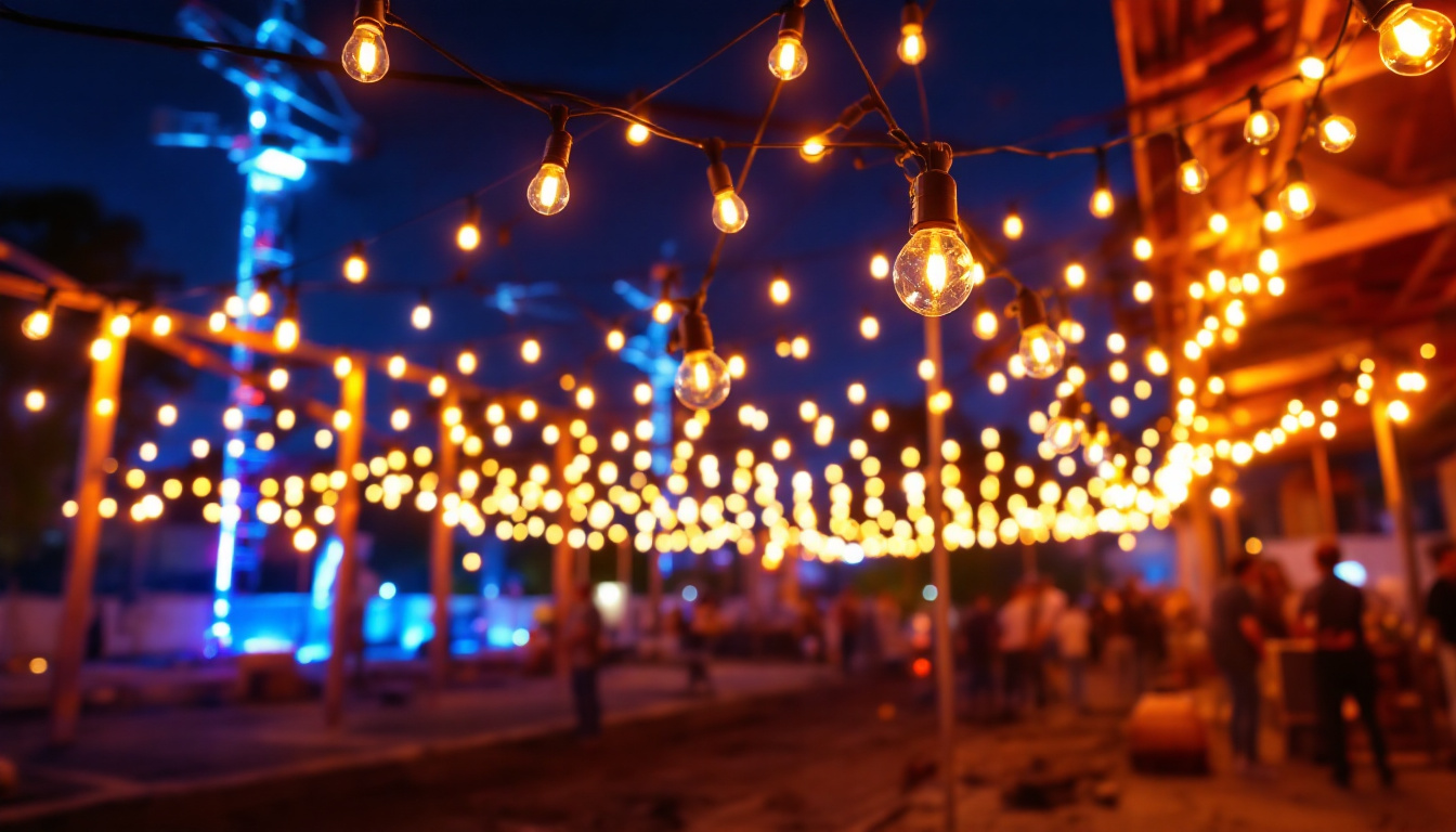 A photograph of a vibrant outdoor scene featuring large-scale led construction string lights elegantly illuminating a construction site or event space