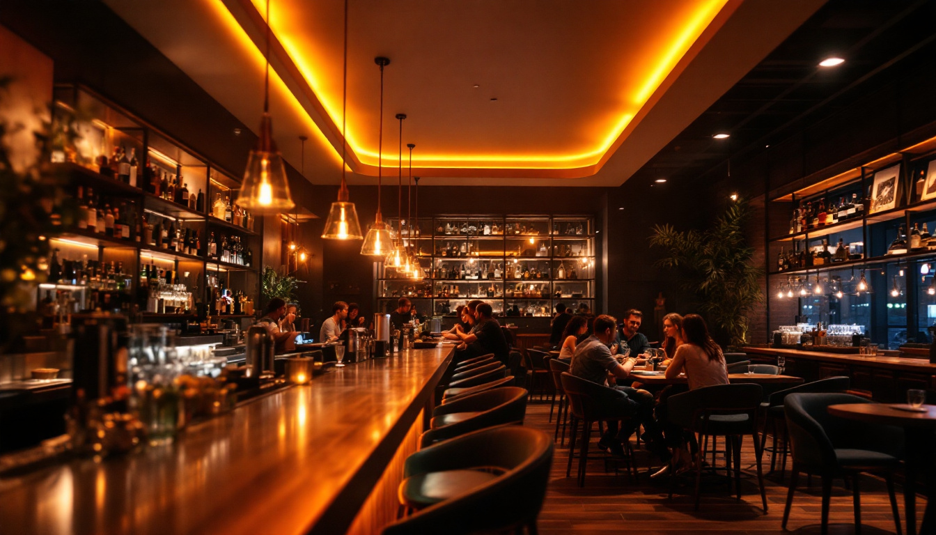 A photograph of a stylish bar setting that showcases the unique overhead lighting design