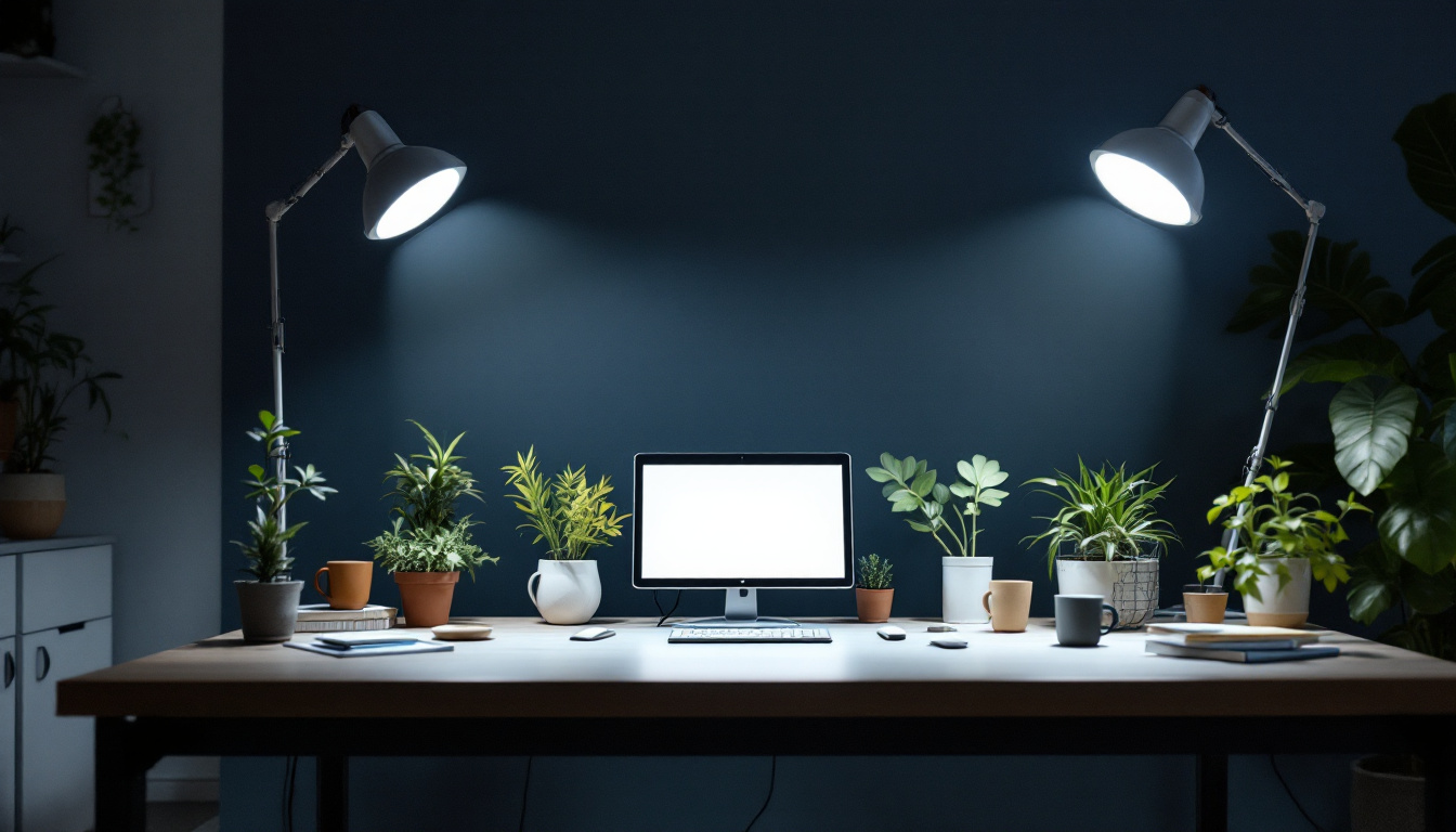A photograph of a well-lit workspace featuring multiple linkable shop lights in action