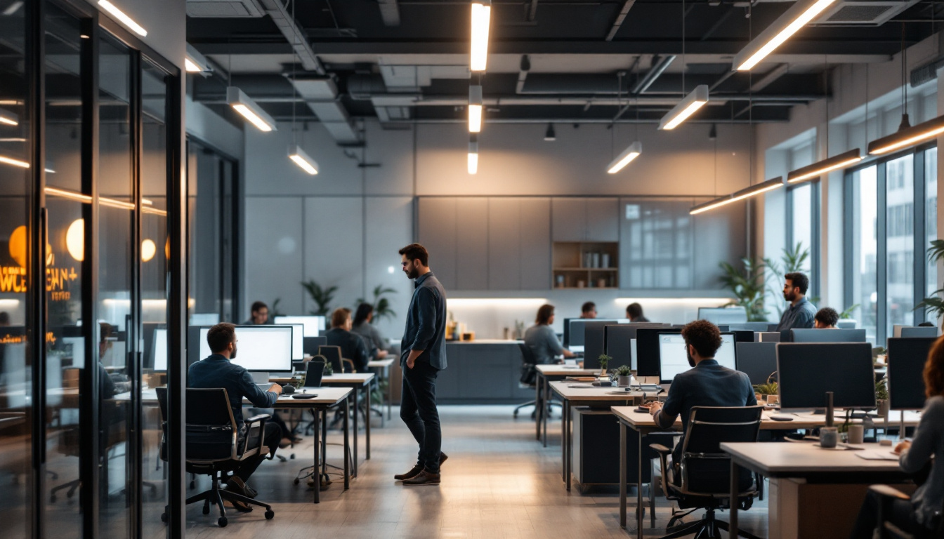 A photograph of a modern commercial office space with well-designed lighting that highlights the workspace