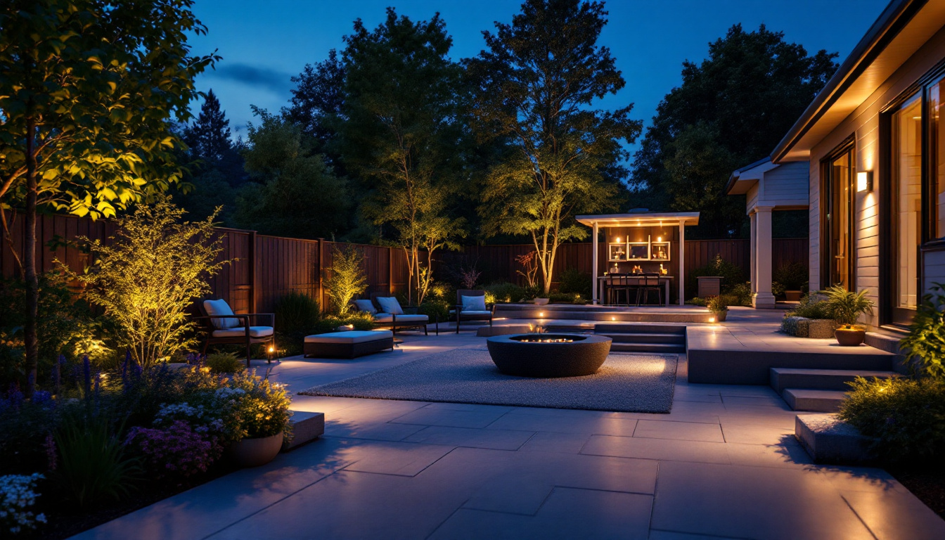 A photograph of a beautifully lit backyard at dusk
