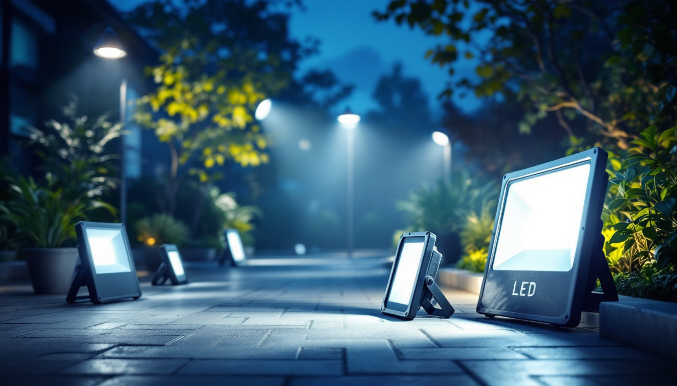A photograph of a well-lit outdoor space featuring various models of led flood lights in action