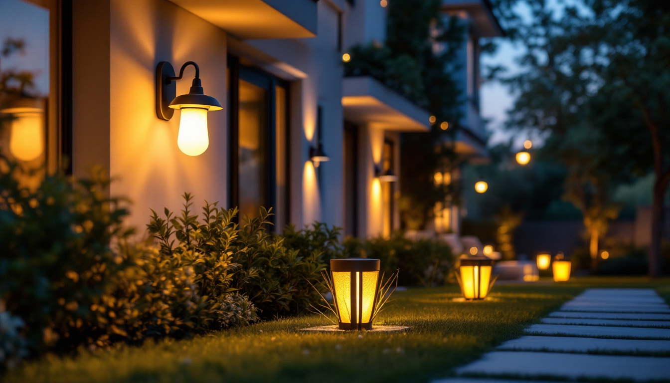 A photograph of a beautifully illuminated outdoor scene featuring stylish outdoor lights with integrated outlets