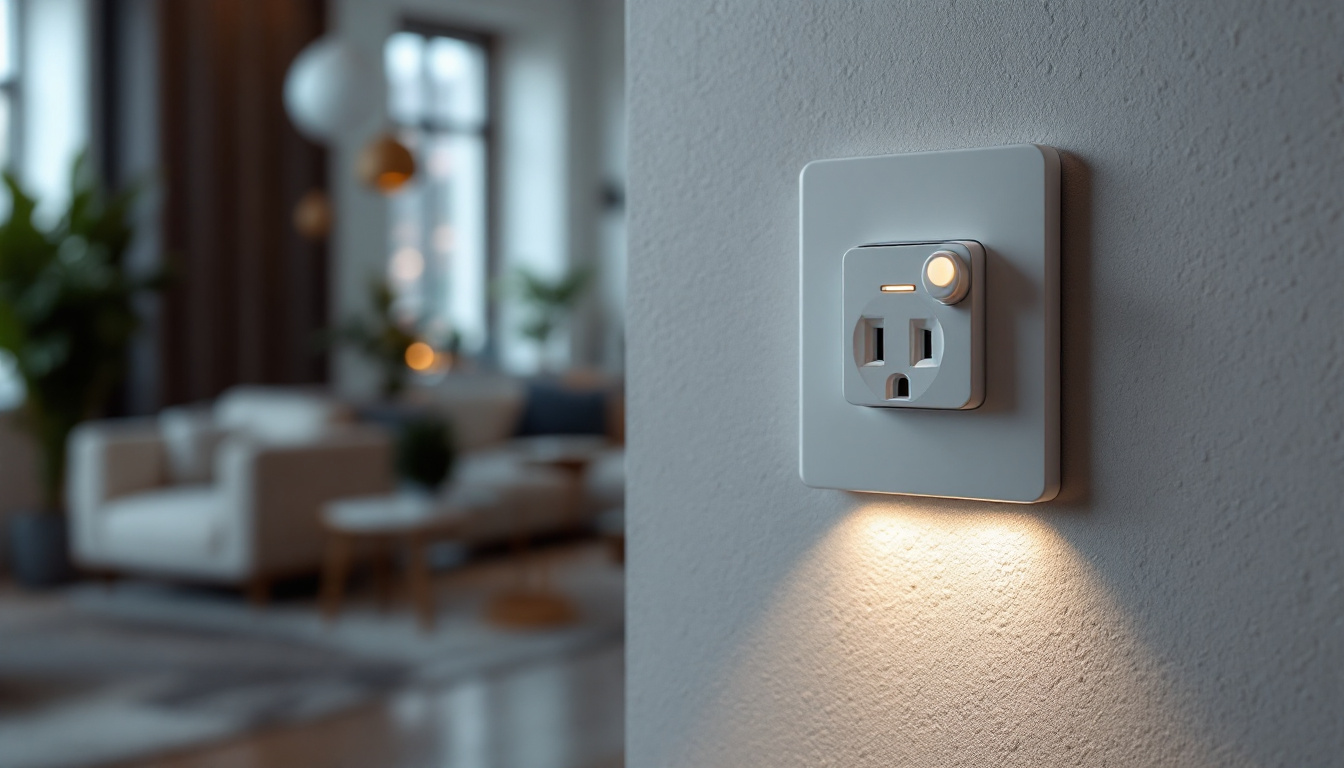 A photograph of a modern switchable receptacle installed in a stylish interior setting