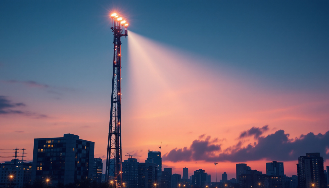 A photograph of a striking tall outdoor light installation in a modern urban setting