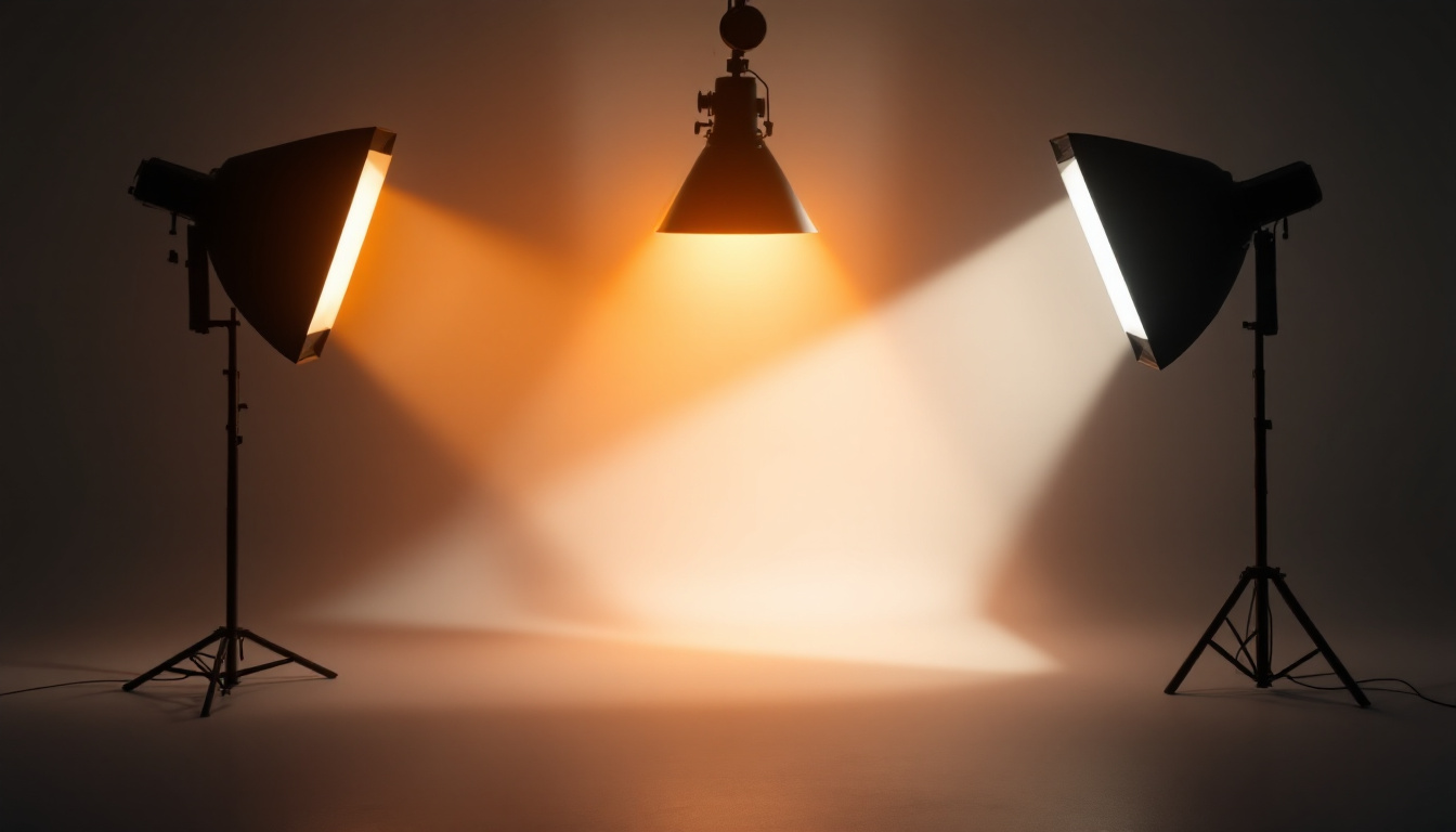 A photograph of a well-designed lighting setup featuring a three-way light arrangement