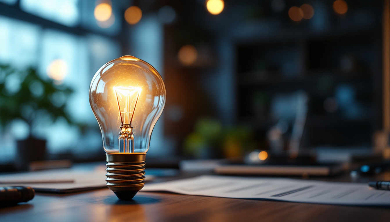 A photograph of a close-up shot of a blinking light bulb in a modern engineering workspace