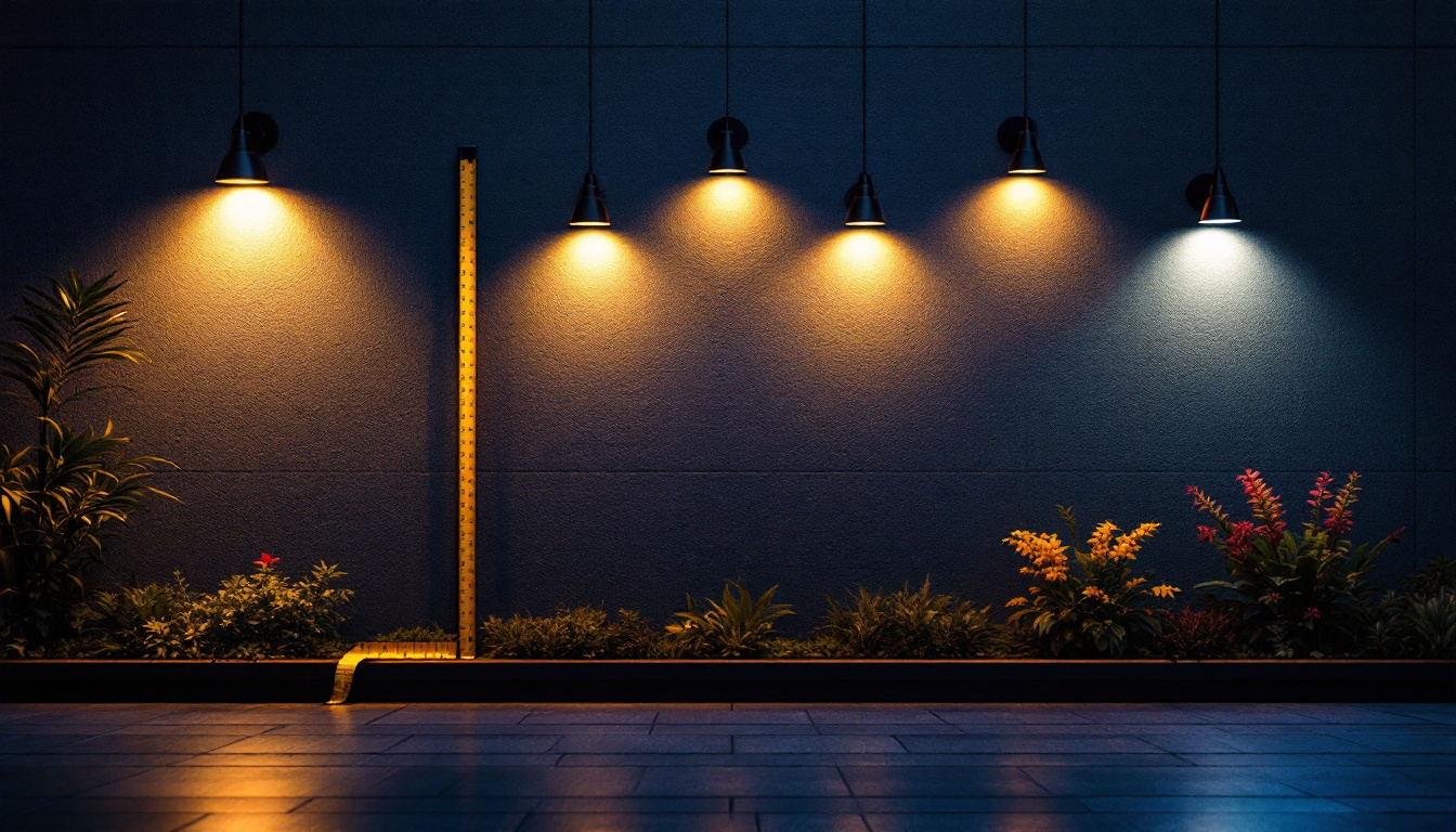 A photograph of a beautifully illuminated exterior wall showcasing various lighting fixtures and styles