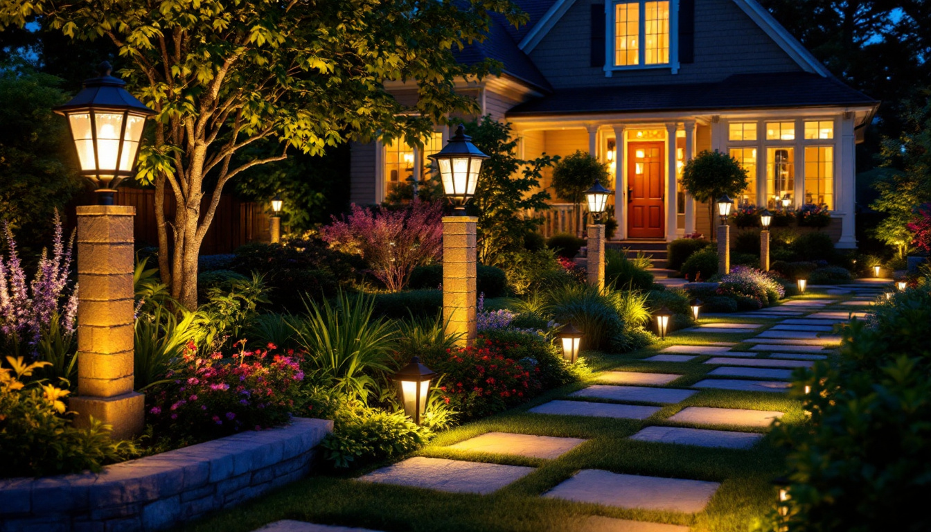 A photograph of a beautifully lit outdoor space featuring a variety of accent lights illuminating pathways