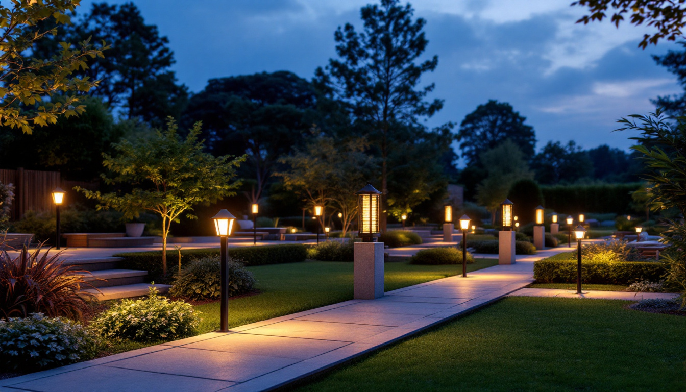 A photograph of a beautifully landscaped outdoor space featuring various styles of pedestal lights illuminating pathways and garden areas at dusk