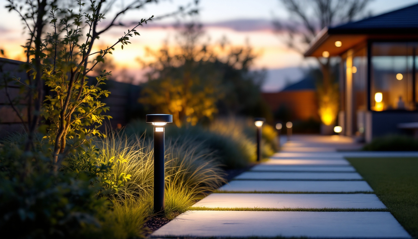 A photograph of capture a photograph of an outdoor setting at dusk featuring stylish led motion sensor lights illuminating pathways or garden areas