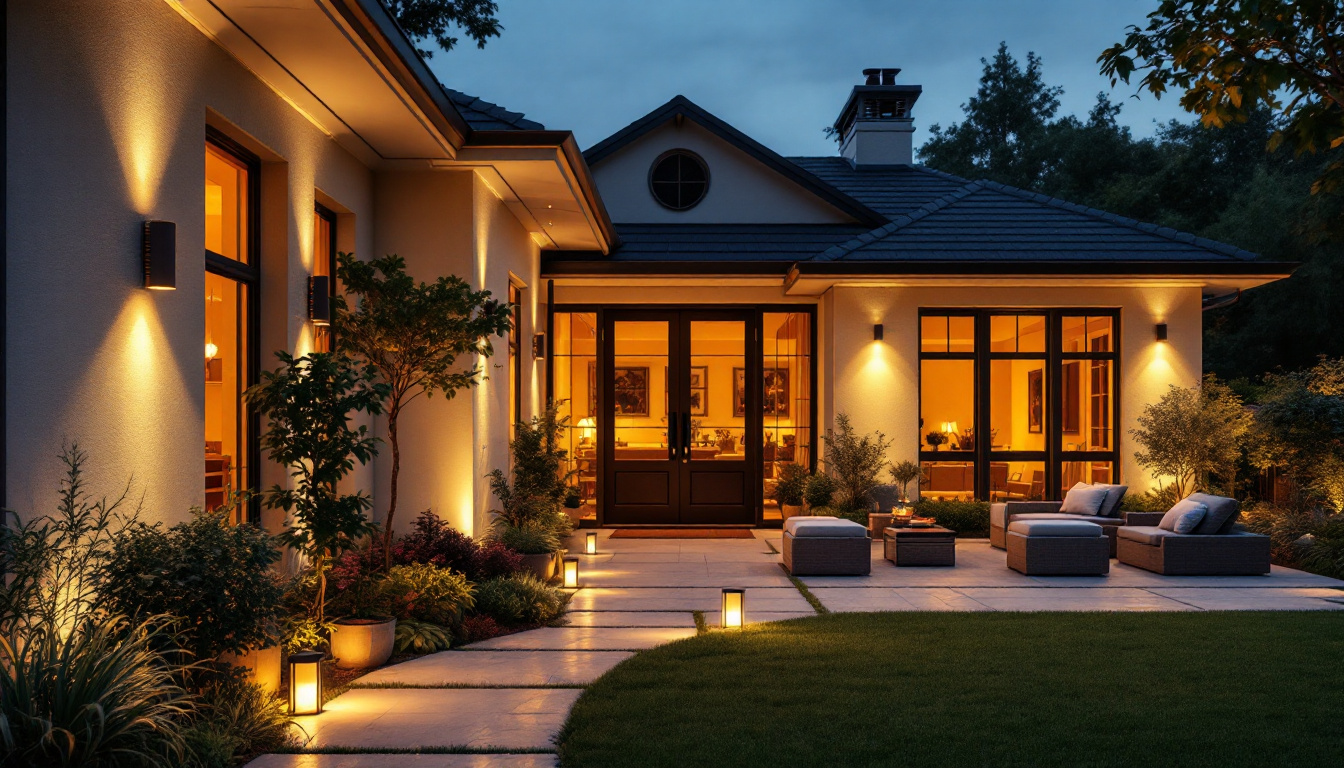 A photograph of a beautifully lit outdoor space showcasing various styles of exterior lighting fixtures