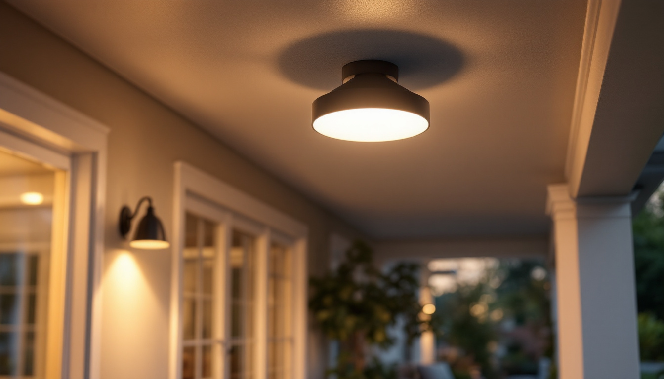 A photograph of a stylish flush mount outdoor ceiling light installed on a porch or patio