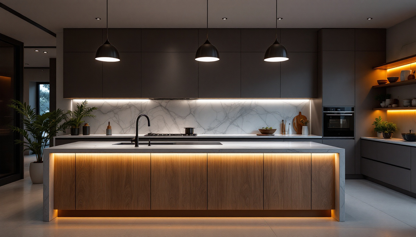 A photograph of a beautifully designed kitchen island illuminated by stylish lighting fixtures