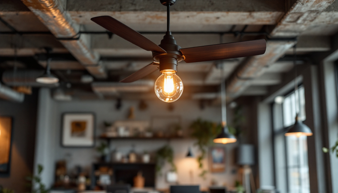 A photograph of a stylish industrial ceiling fan light fixture in a modern workspace