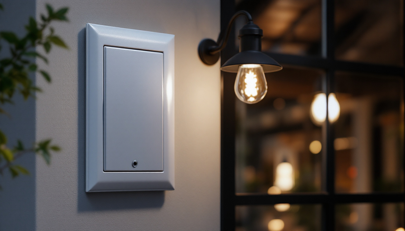 A photograph of a well-installed exterior electrical cover alongside various outdoor lighting fixtures