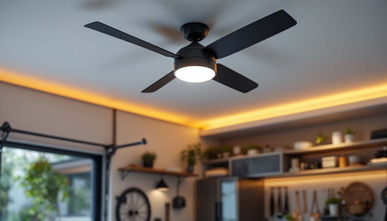 A photograph of a modern garage featuring a stylish ceiling fan with integrated lighting