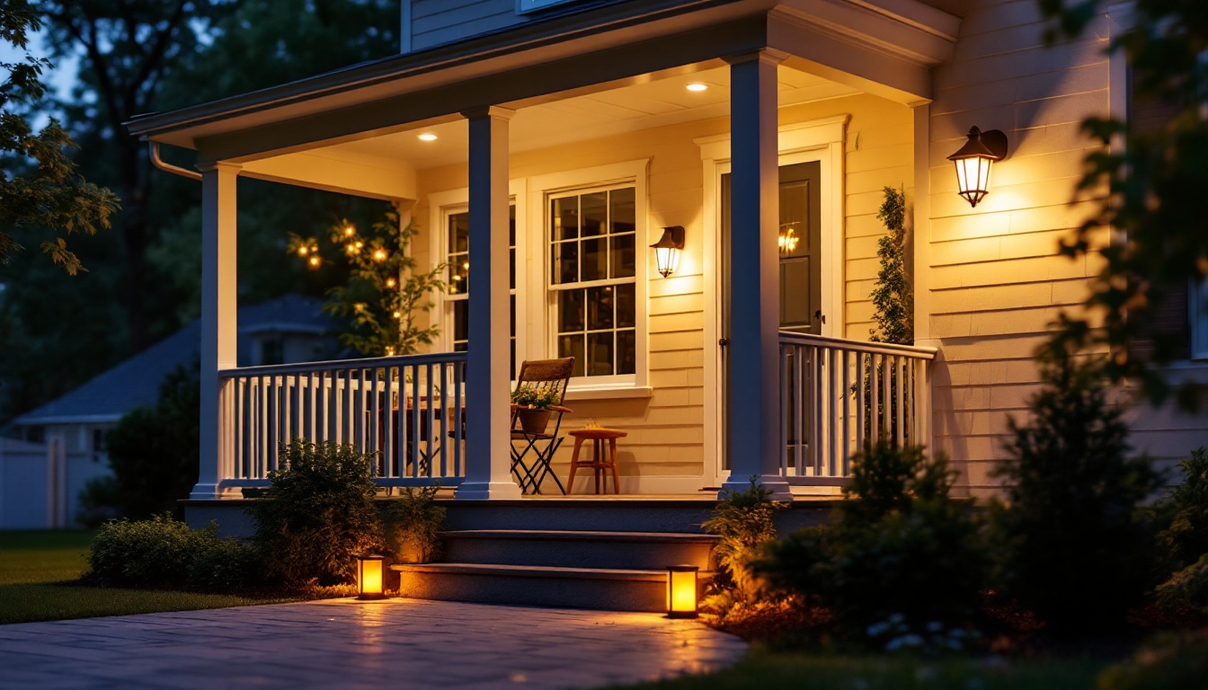 A photograph of a beautifully illuminated porch featuring a modern light sensing porch light in action during dusk