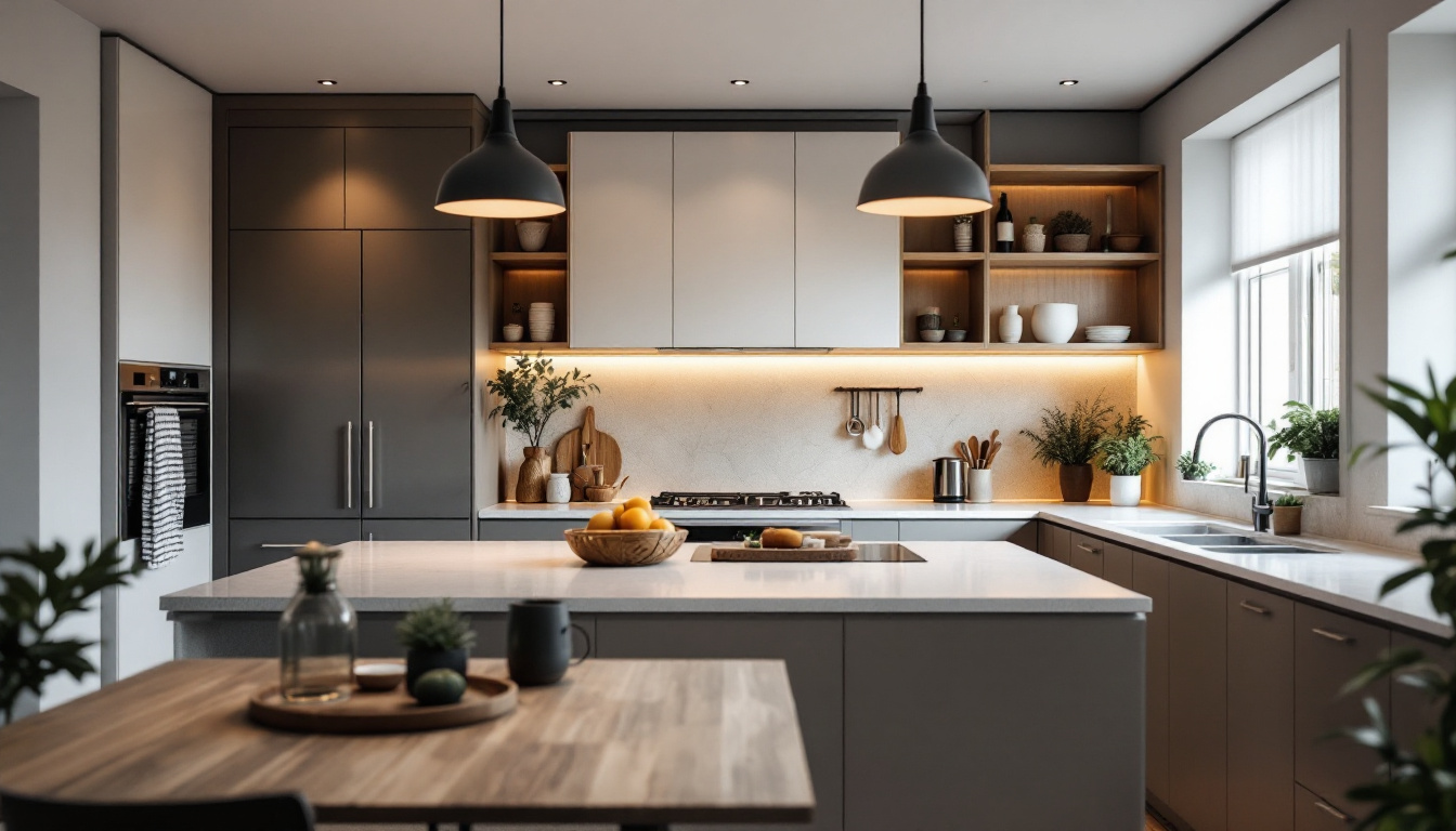 A photograph of capture a photograph of a beautifully designed kitchen featuring stylish ceiling can lights that highlight the space