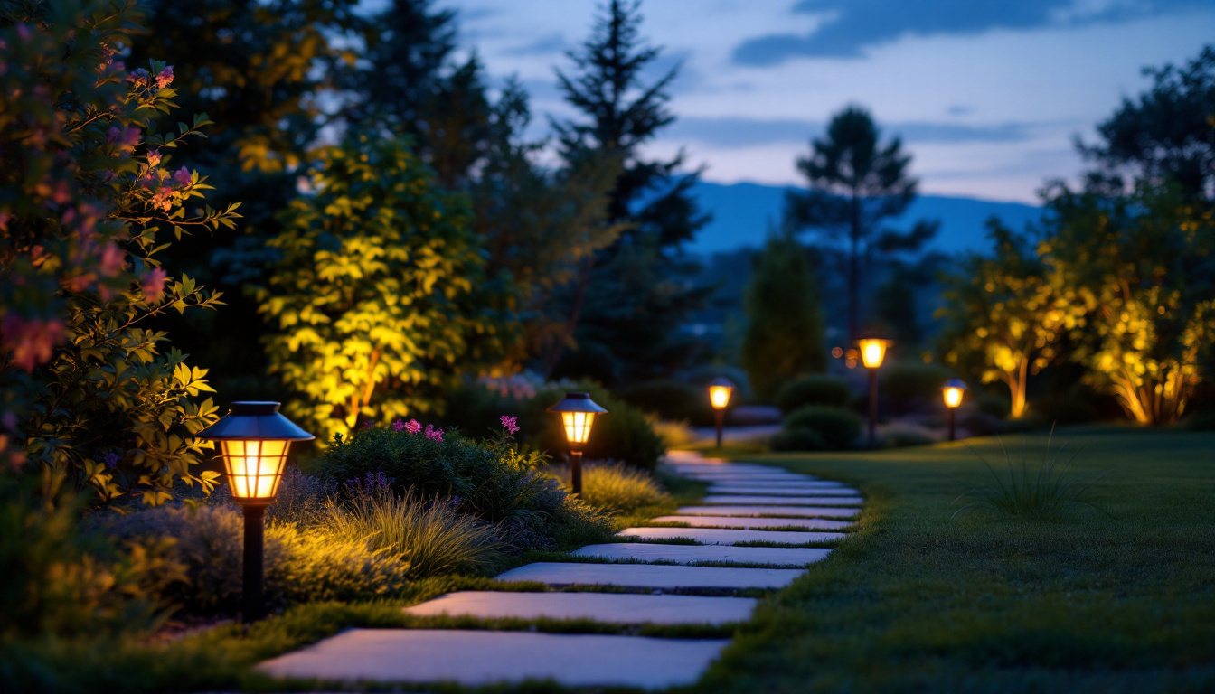 A photograph of a beautifully landscaped outdoor space illuminated by a variety of stylish and affordable solar lights at dusk