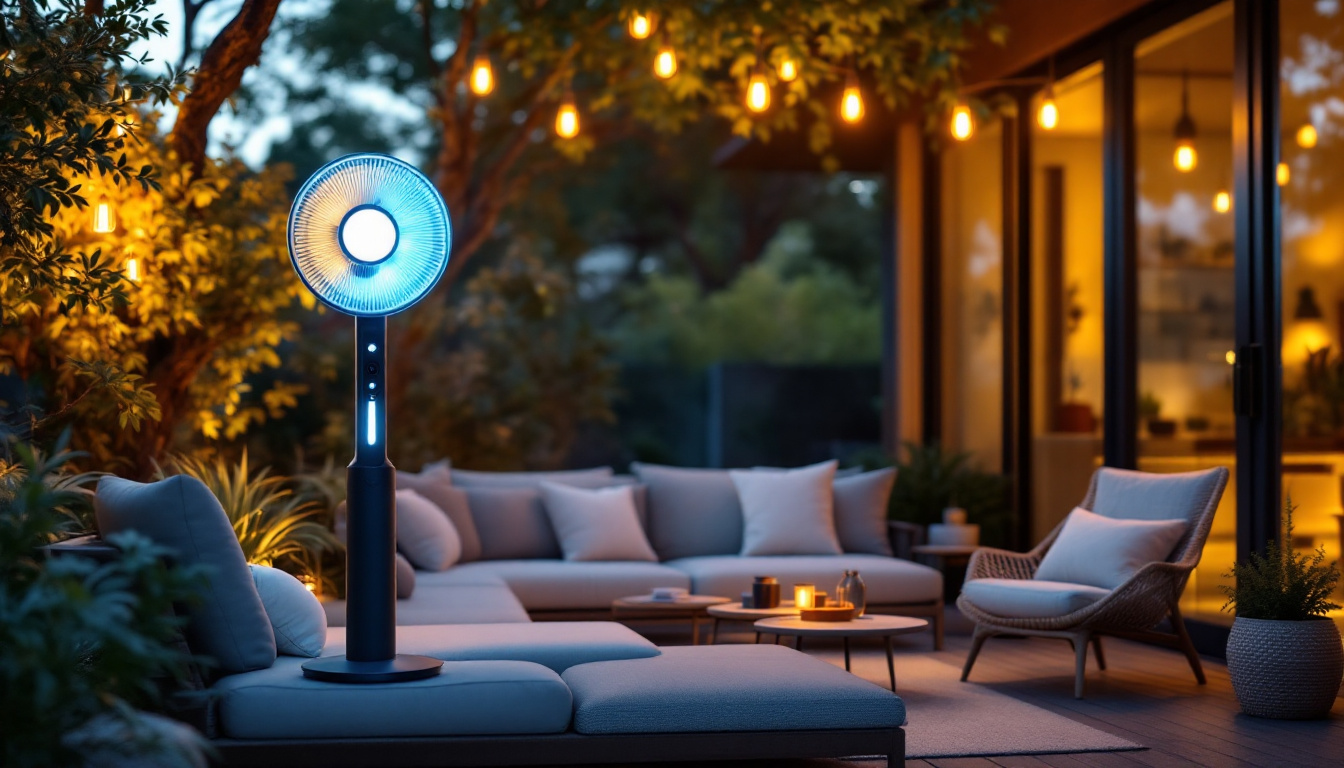 A photograph of a stylish outdoor space featuring a modern fan with integrated lighting