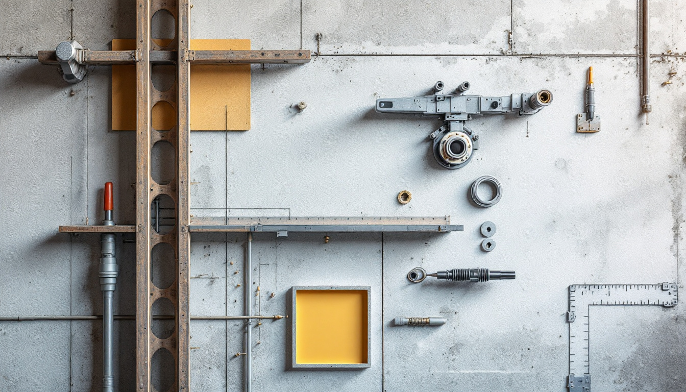 A photograph of a close-up view of a small wall featuring various engineering elements
