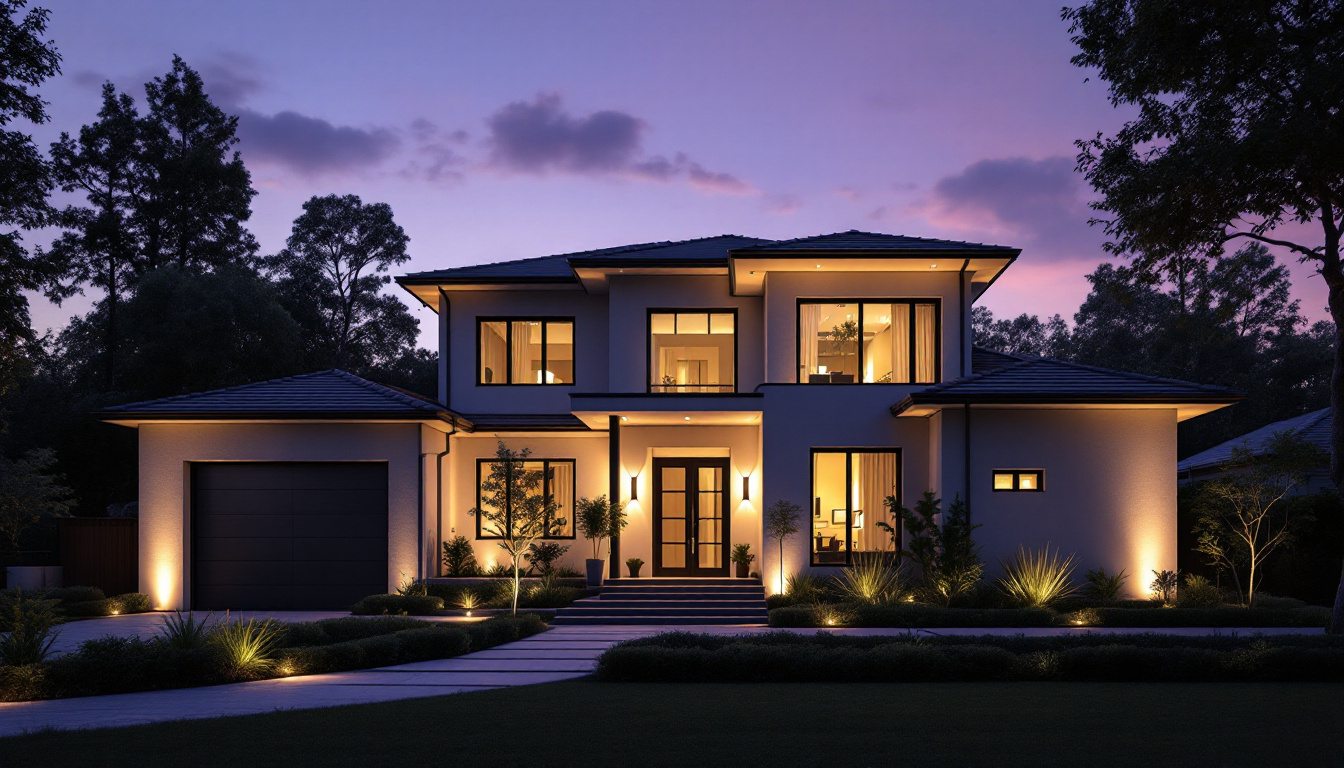 A photograph of a beautifully designed exterior lighting setup on a modern home at dusk
