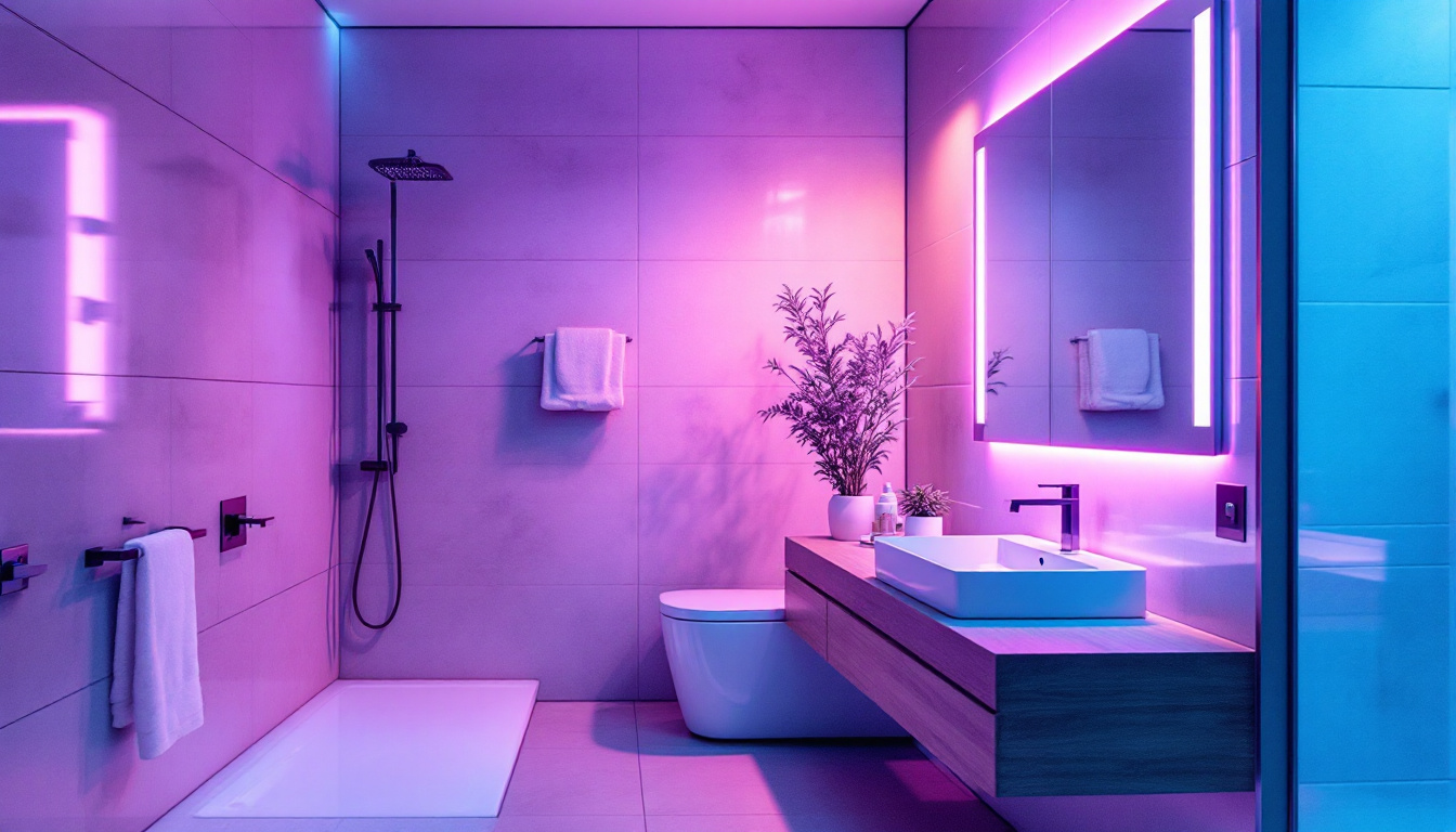 A photograph of a modern bathroom featuring uv light fixtures