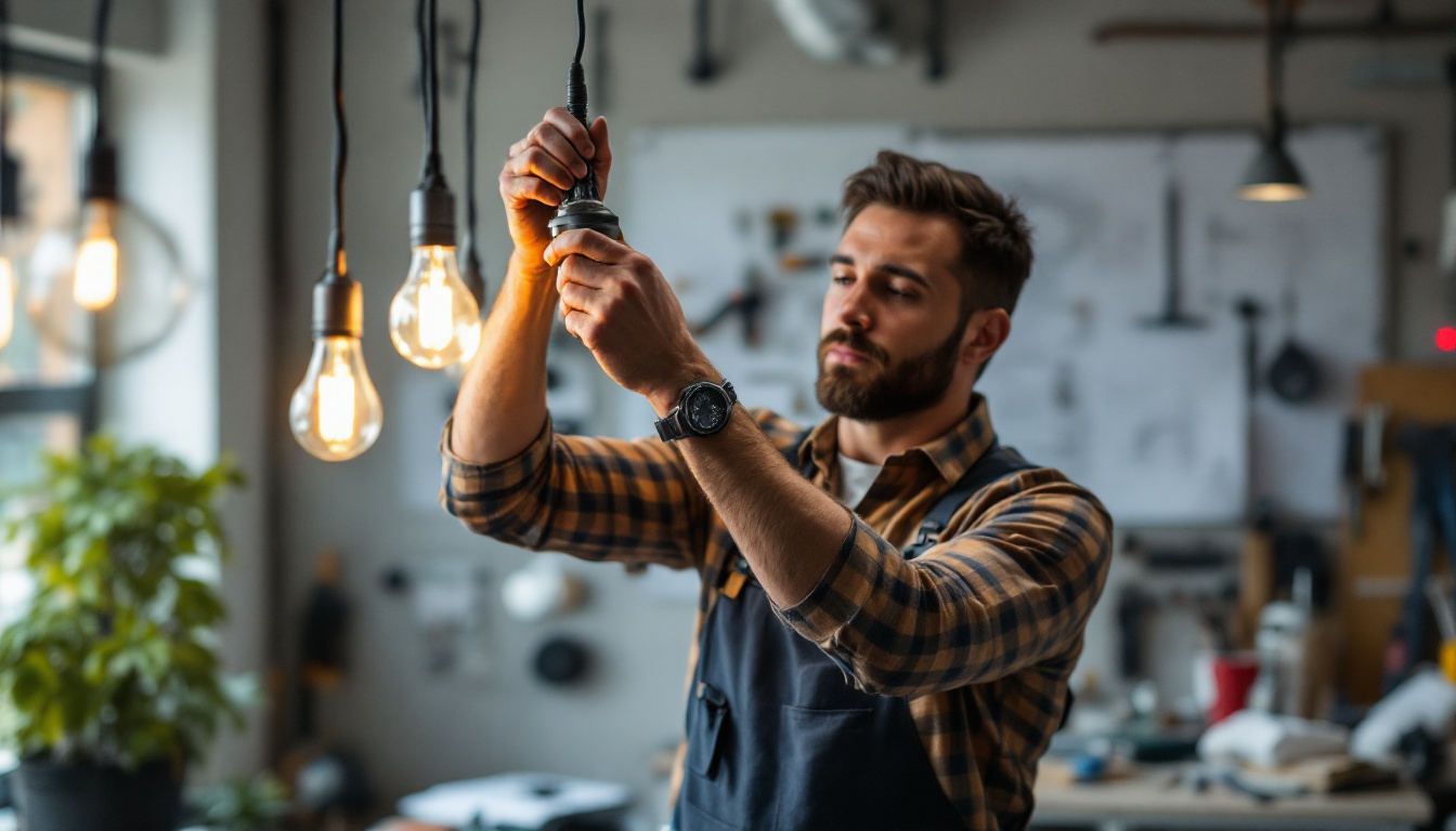 A photograph of a skilled electrical engineer working intently on a hanging light fixture