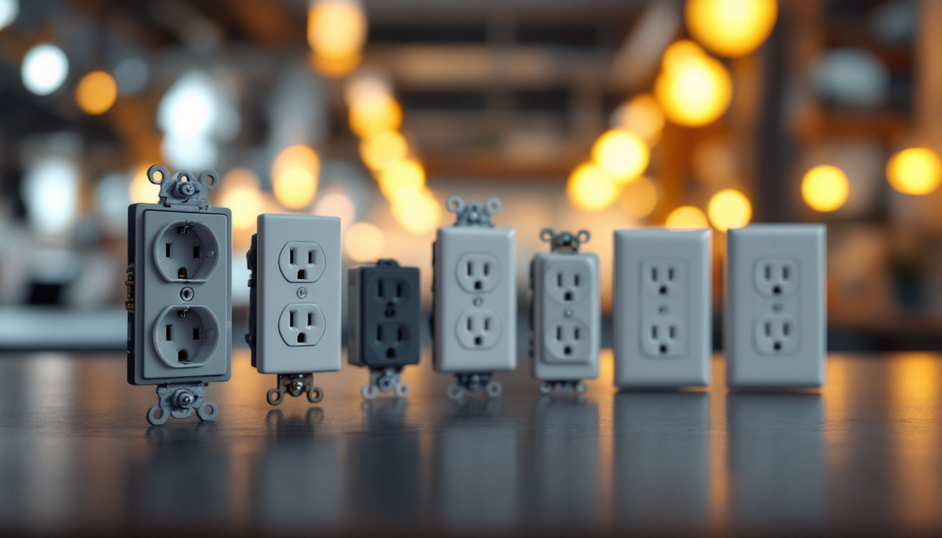 A photograph of a close-up view of various types of electric outlets