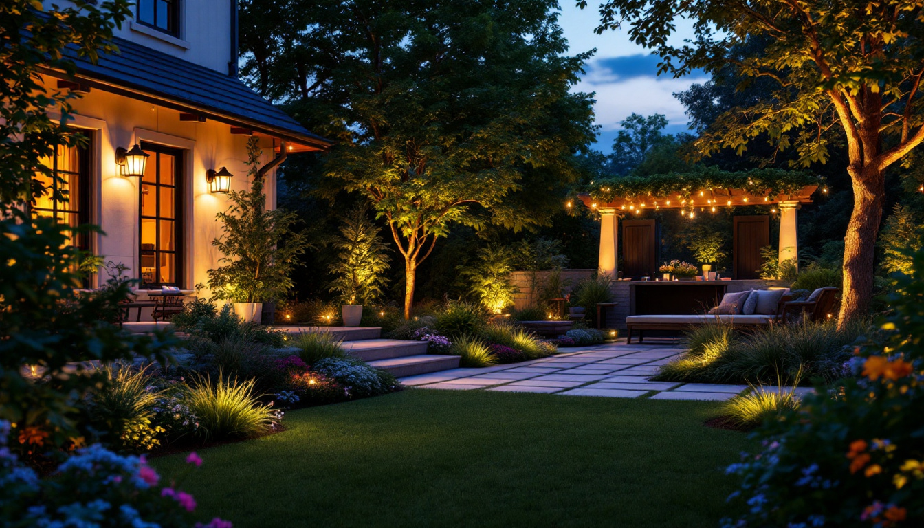 A photograph of a beautifully illuminated garden scene at dusk